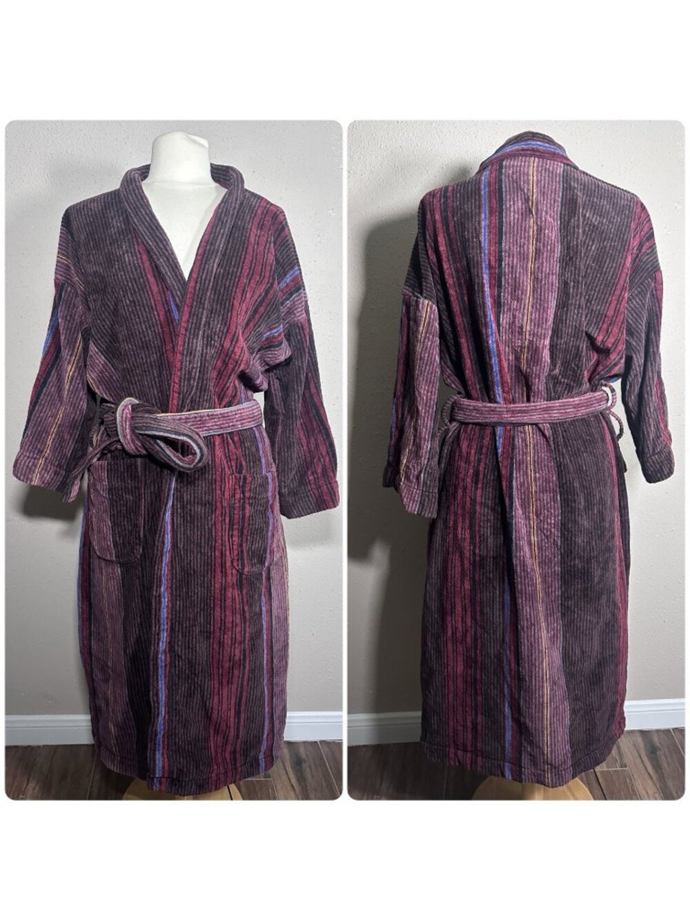 Vintage Perry Ellis Portfolio Striped Thick Terry Cotton Robe One Size
